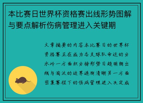 本比赛日世界杯资格赛出线形势图解与要点解析伤病管理进入关键期