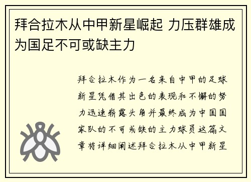 拜合拉木从中甲新星崛起 力压群雄成为国足不可或缺主力